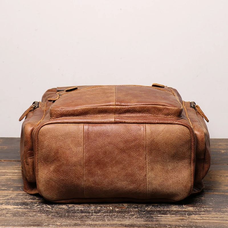 Sac À Dos Vintage En Cuir Marron Pour Hommes Sac À Dos Décontracté Ordinateur Portable 15.6 Pouces Grande Capacité Sac À Dos De Voyage En Plein Air - Brun