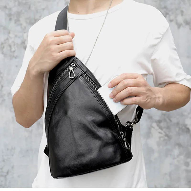 Sacs De Poitrine En Cuir Véritable Pour Hommes À Bandoulière En Sac À Dos Masculin - Noir