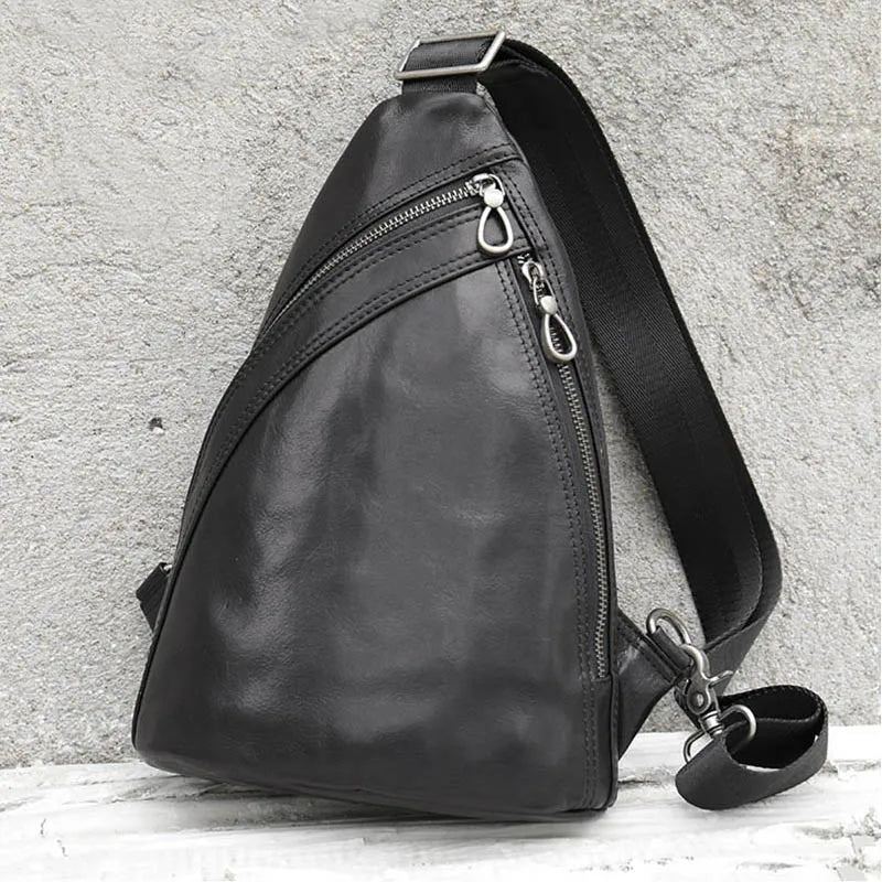 Sacs De Poitrine En Cuir Véritable Pour Hommes À Bandoulière En Sac À Dos Masculin - Noir