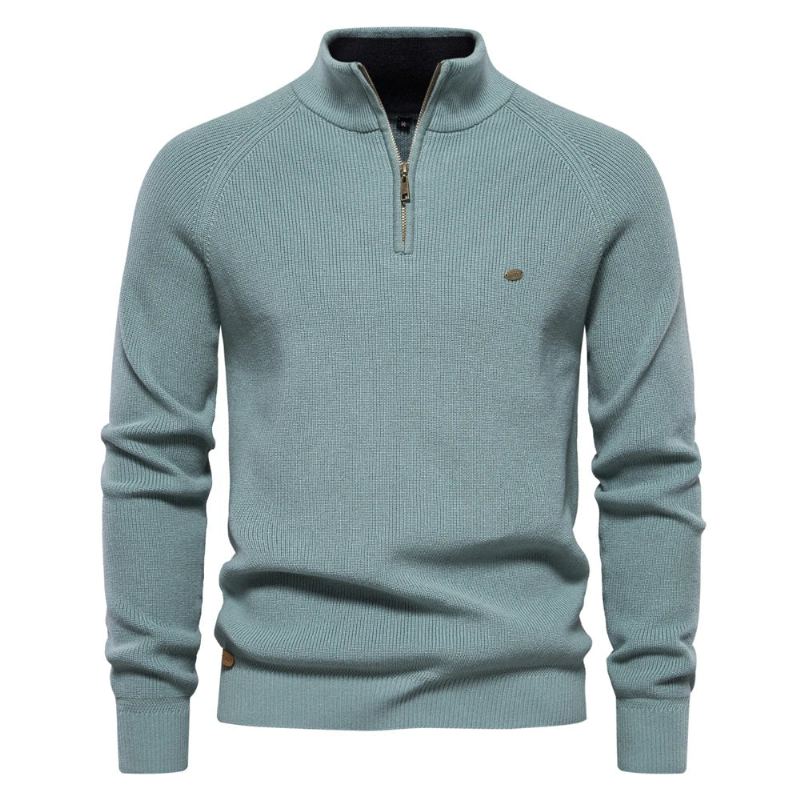 Automne Coton Fermeture Éclair Cardigans Pour Hommes Décontracté Social Chandails Col Haut Chaud Hiver Tricoté Pull - Bleu Lac