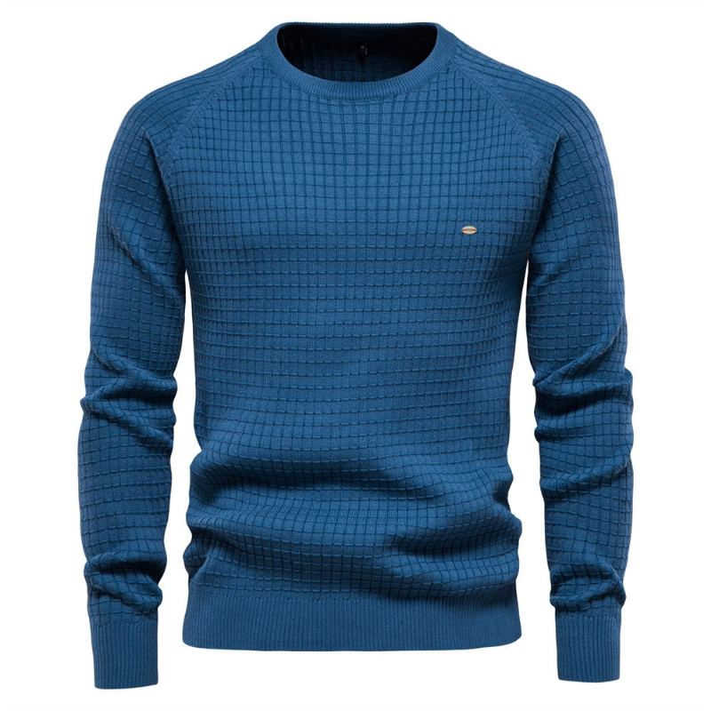 Automne Et Hiver Hommes Pull Coton Décontracté Solide Plaid Confortable Respirant - Bleu