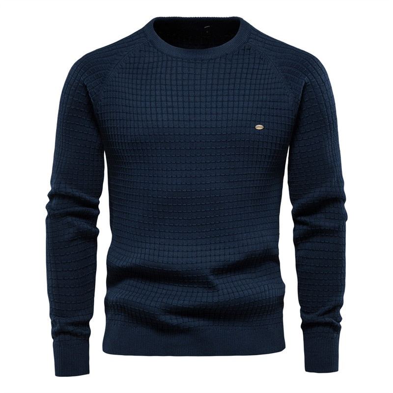 Automne Et Hiver Hommes Pull Coton Décontracté Solide Plaid Confortable Respirant - Bleu