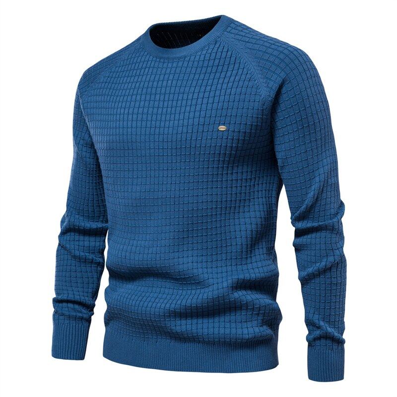 Automne Et Hiver Hommes Pull Coton Décontracté Solide Plaid Confortable Respirant - Bleu