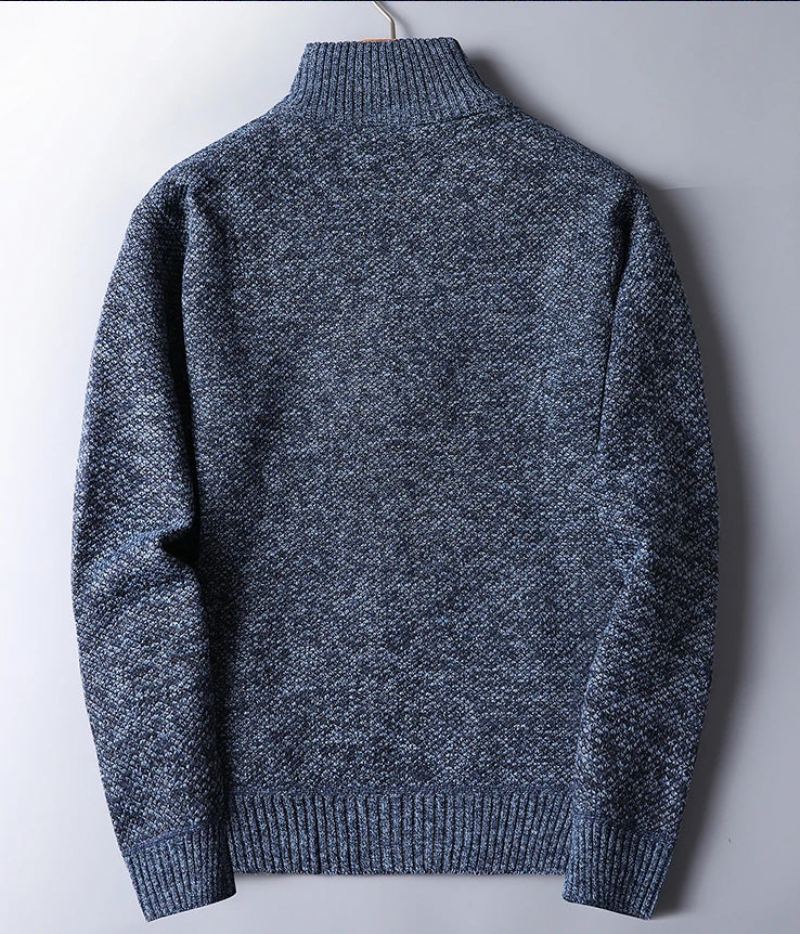 Automne Hiver Épaissir Chaud Pull Hommes Col Montant Mâle Fermeture Éclair Mince Pulls - Bleu