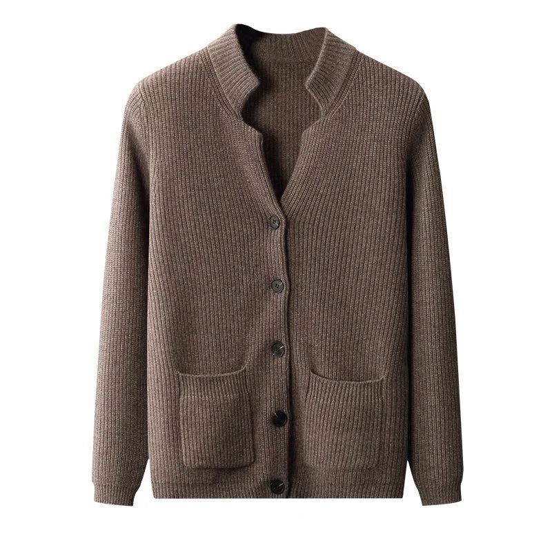 Automne Hiver Hommes Cardigan Pull Cachemire Épaissi Poche Manteau Solide - Marron