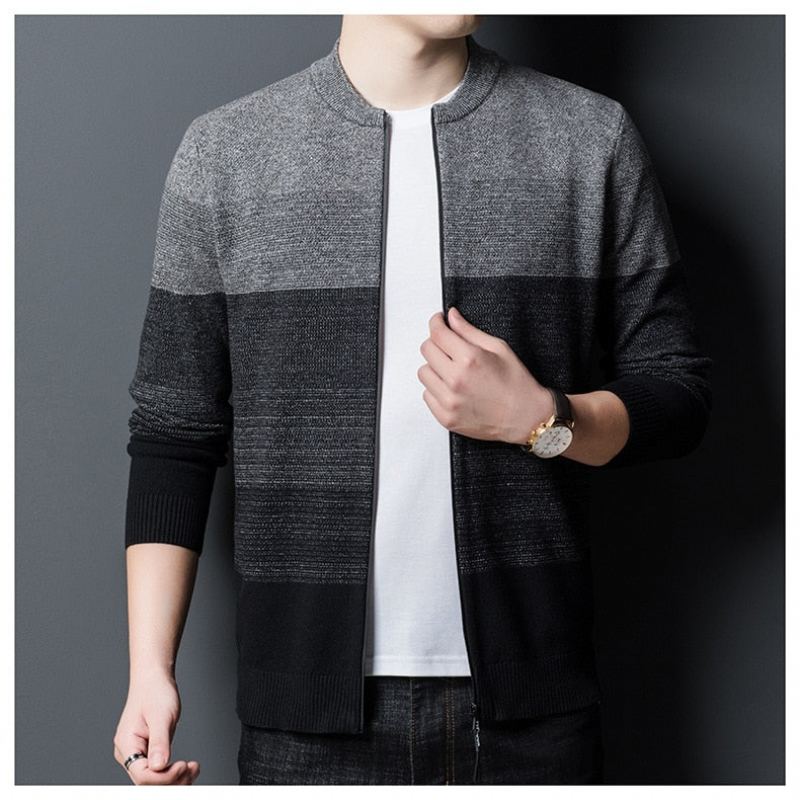 Automne Hiver Marque Tricot Cardigan Fermeture Éclair Oneck Rayé Pull Hommes Manteaux Décontractés Veste Vêtements - Gris