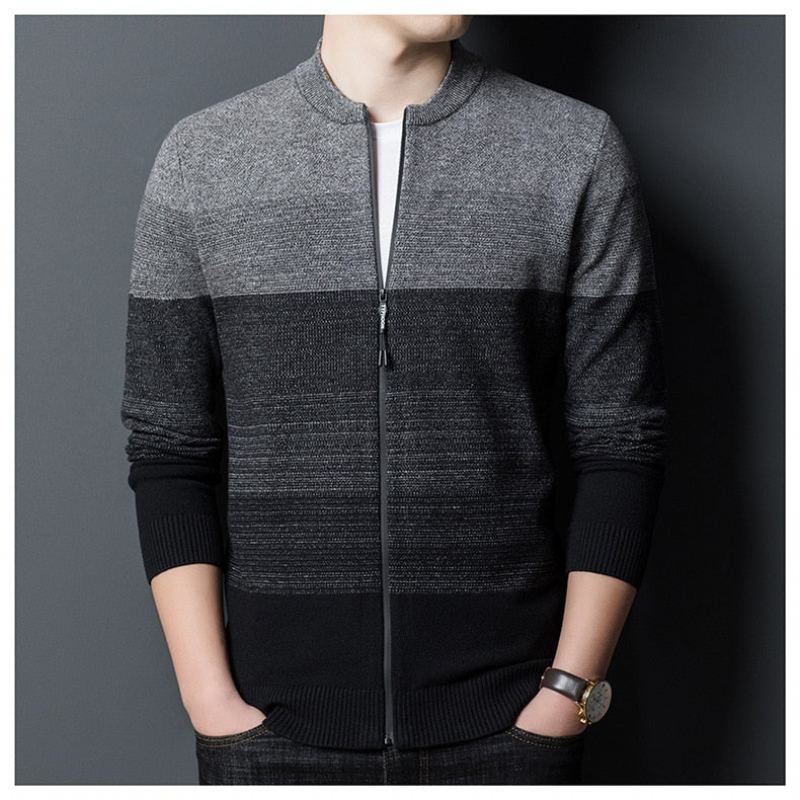 Automne Hiver Marque Tricot Cardigan Fermeture Éclair Oneck Rayé Pull Hommes Manteaux Décontractés Veste Vêtements - Gris