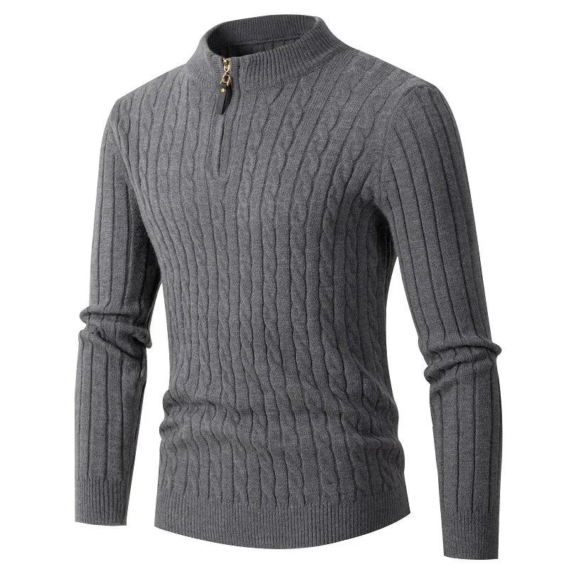 Automne Hiver Pull Hommes Couleur Unie Demi Col Roulé Zip Tricot Chandails Mode Casual Coupe Ajustée Mâle Pulls Noir Gris - Gris