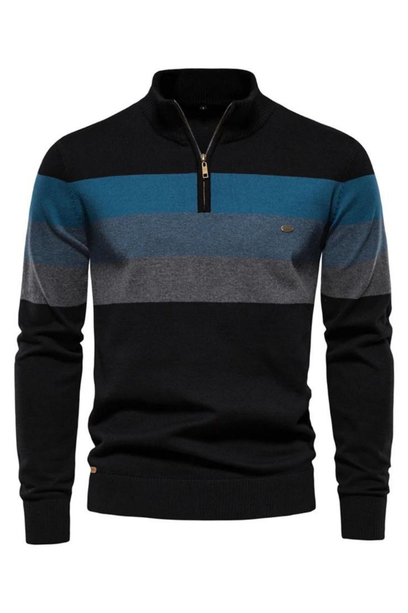 Automne Hiver Pull Tricoté Hommes Vintage Rayé Homme Fermeture Éclair Col Montant