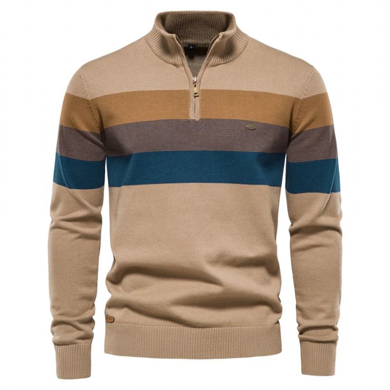 Automne Hiver Pull Tricoté Hommes Vintage Rayé Homme Fermeture Éclair Col Montant - Kaki