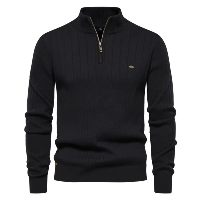 Automne Pull À Fermeture Éclair Chandails Pour Hommes De Haute Qualité Chaud Hiver Col Montant Coton Tricoté - Noir