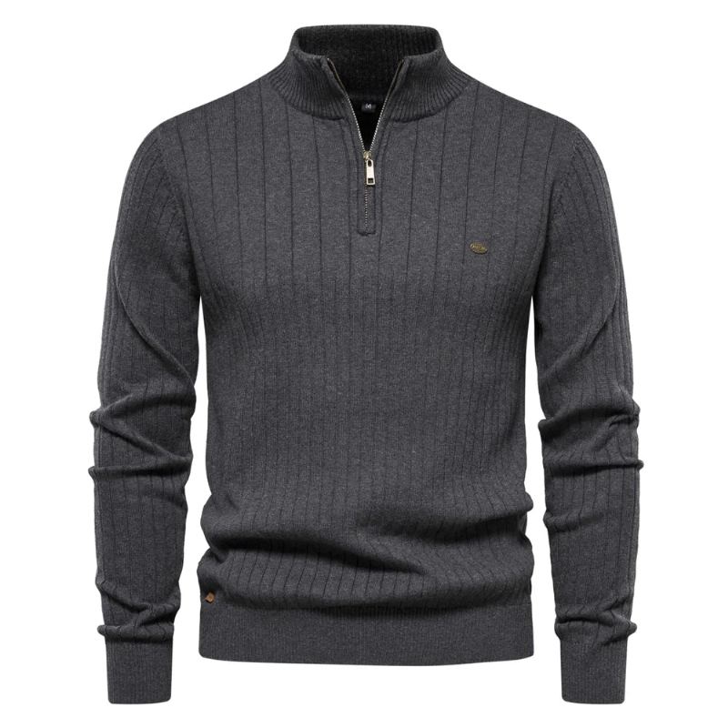 Automne Pull À Fermeture Éclair Chandails Pour Hommes De Haute Qualité Chaud Hiver Col Montant Coton Tricoté - Noir