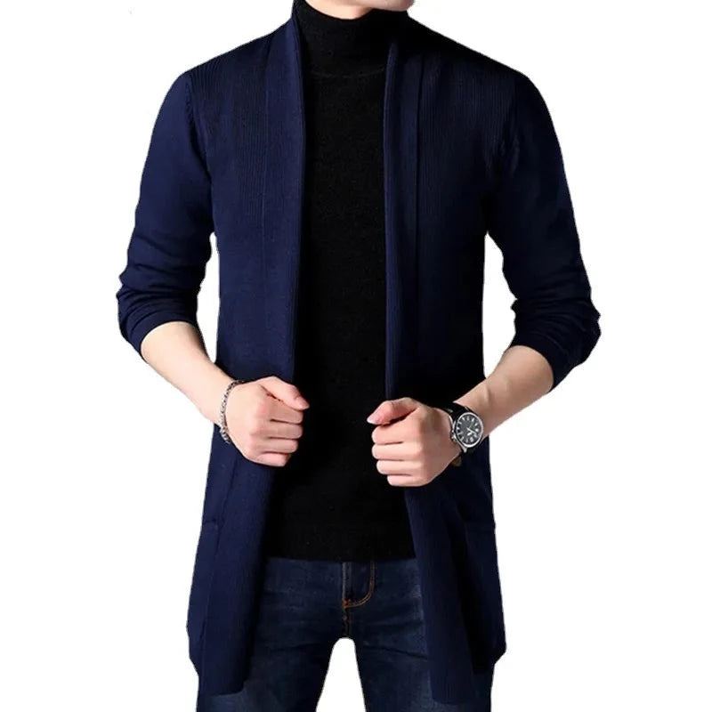 Automne Tricoté Pull Veste Hommes Mince Longue Solide Décontracté Cardigan Manteaux - Noir