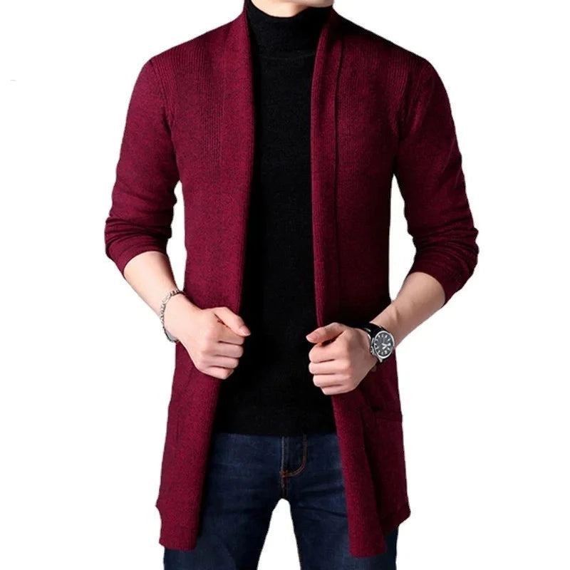 Automne Tricoté Pull Veste Hommes Mince Longue Solide Décontracté Cardigan Manteaux - Noir