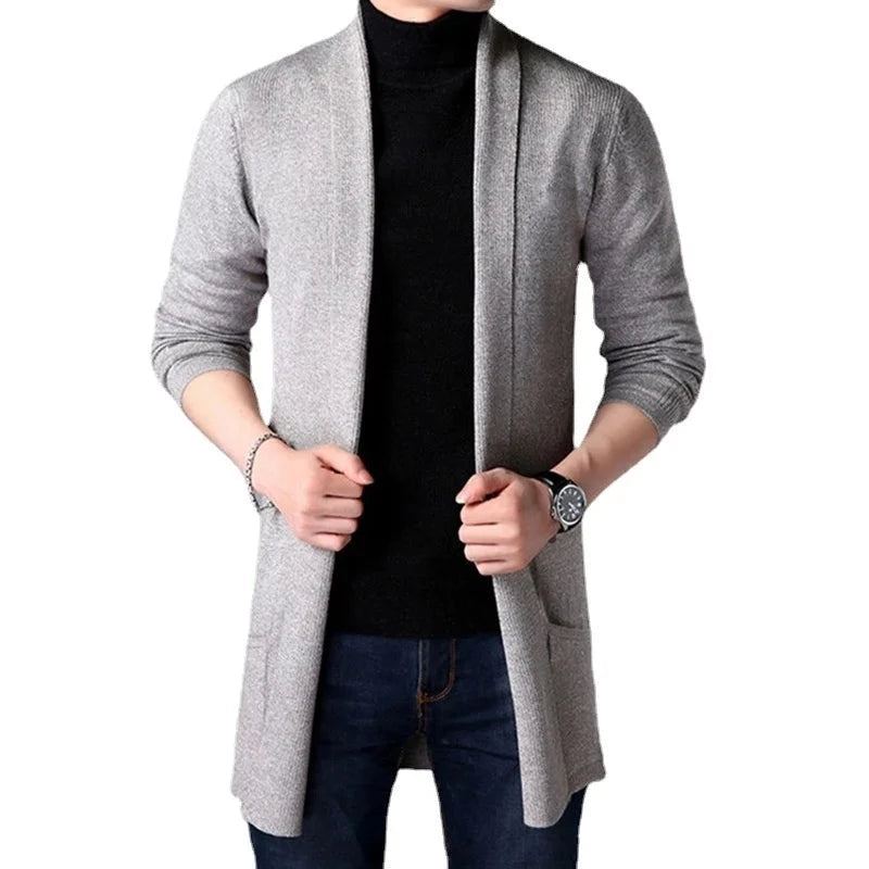 Automne Tricoté Pull Veste Hommes Mince Longue Solide Décontracté Cardigan Manteaux - Noir