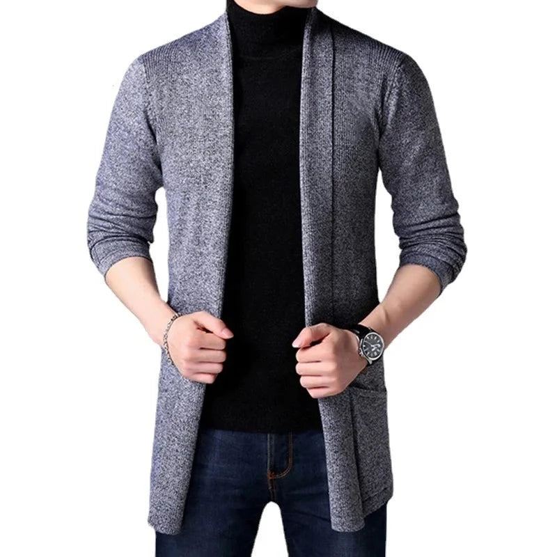 Automne Tricoté Pull Veste Hommes Mince Longue Solide Décontracté Cardigan Manteaux - Noir