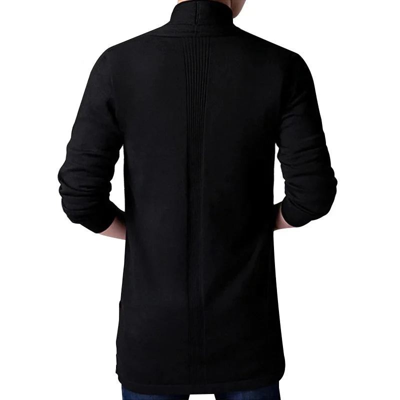 Automne Tricoté Pull Veste Hommes Mince Longue Solide Décontracté Cardigan Manteaux - Noir