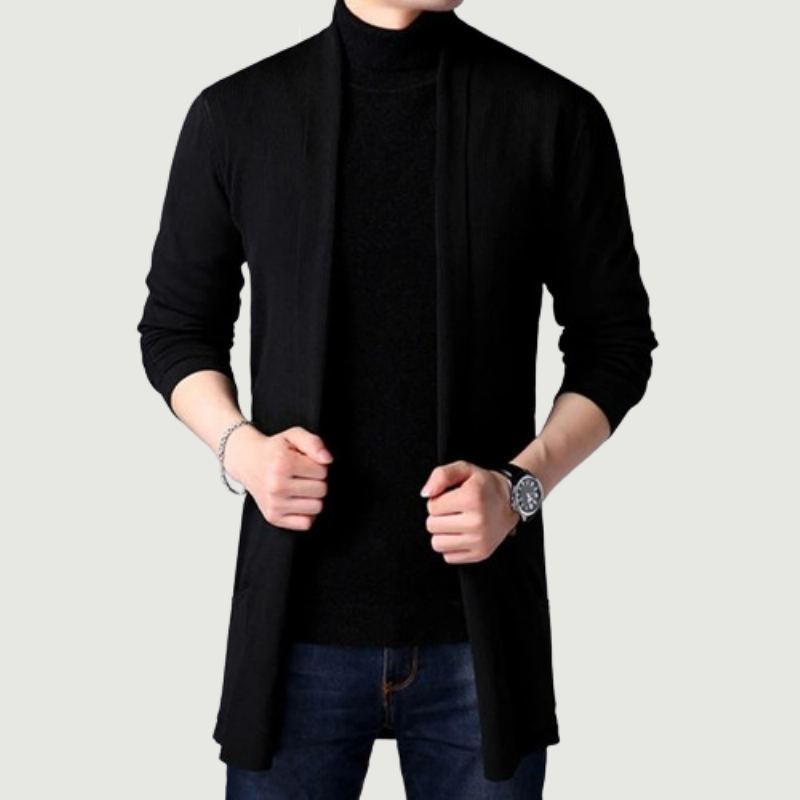 Automne Tricoté Pull Veste Hommes Mince Longue Solide Décontracté Cardigan Manteaux - Noir