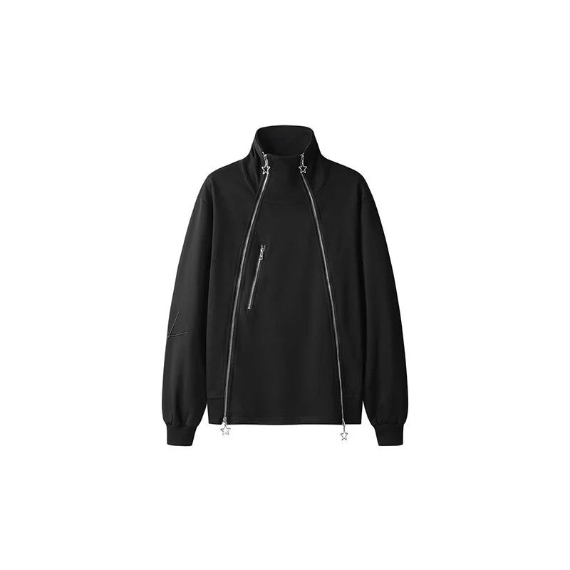 Cardigan À Col Montant Épissé Avec Fermeture Éclair Pull Pour Hommes Veste Chic Design De Rue Niche Manteau De Marée Personnalisé - Noir