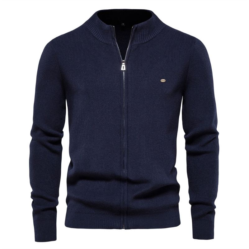 Cardigan Épais Pour Hommes Couleur Unie Fermeture Éclair Pull Basique De Haute Qualité Nouvelle Collection Hiver Automne Vêtements - Bleu