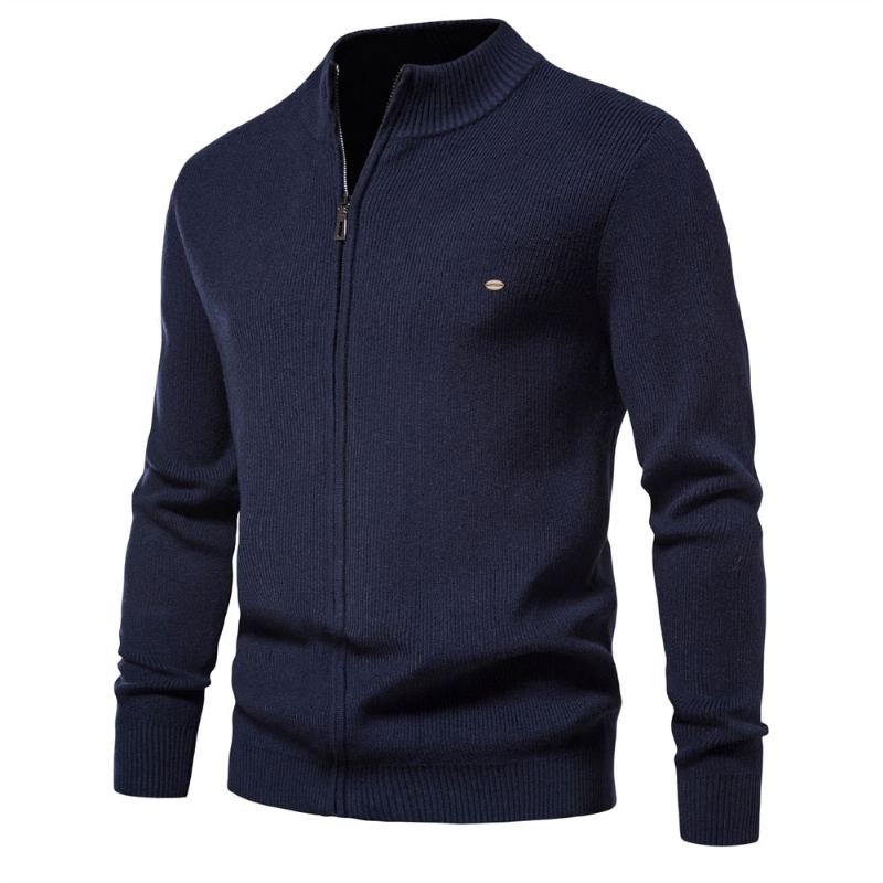 Cardigan Épais Pour Hommes Couleur Unie Fermeture Éclair Pull Basique De Haute Qualité Nouvelle Collection Hiver Automne Vêtements - Bleu