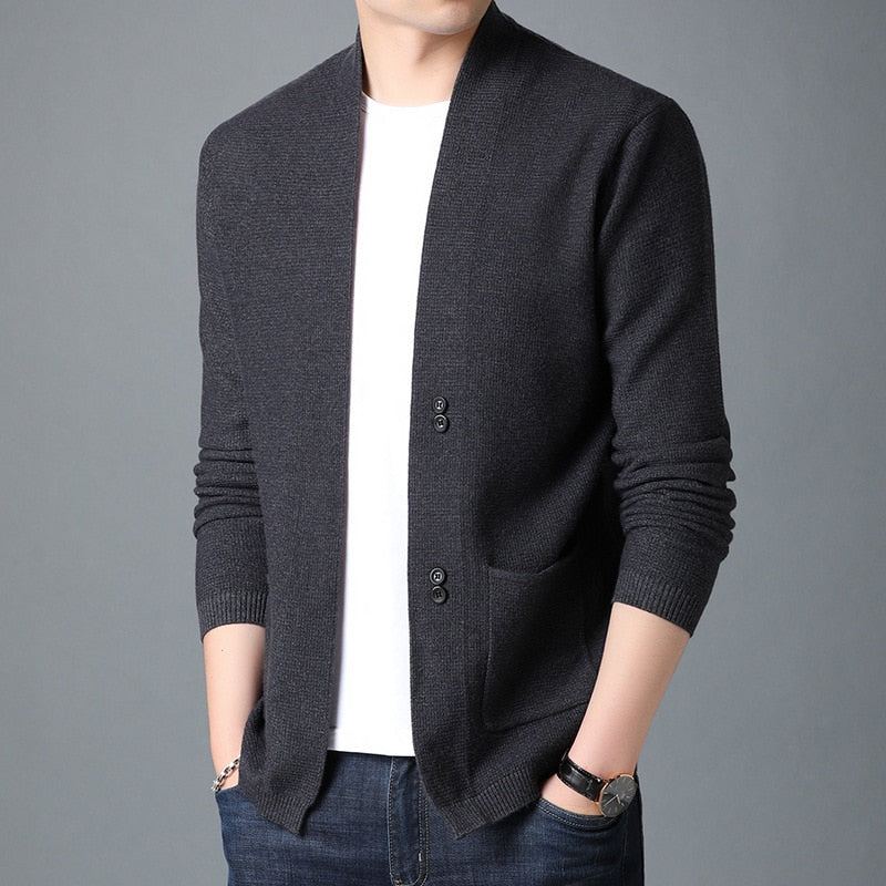 Cardigan Pour Hommes D'affaires Pull Décontracté Avec Poches Solides Coupe Confortable Vestes En Tricot Manteau Masculin - Noir