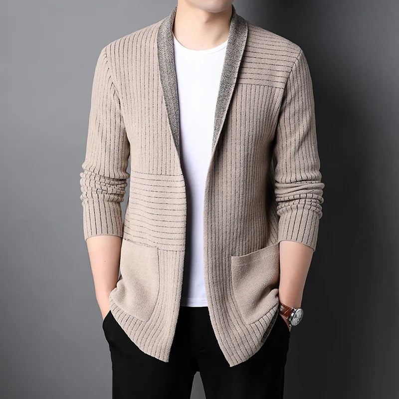 Cardigan Long Pour Hommes Pull Rétro Tricot Vêtements De Rue Manteaux Décontractés Automne Hiver - Noir