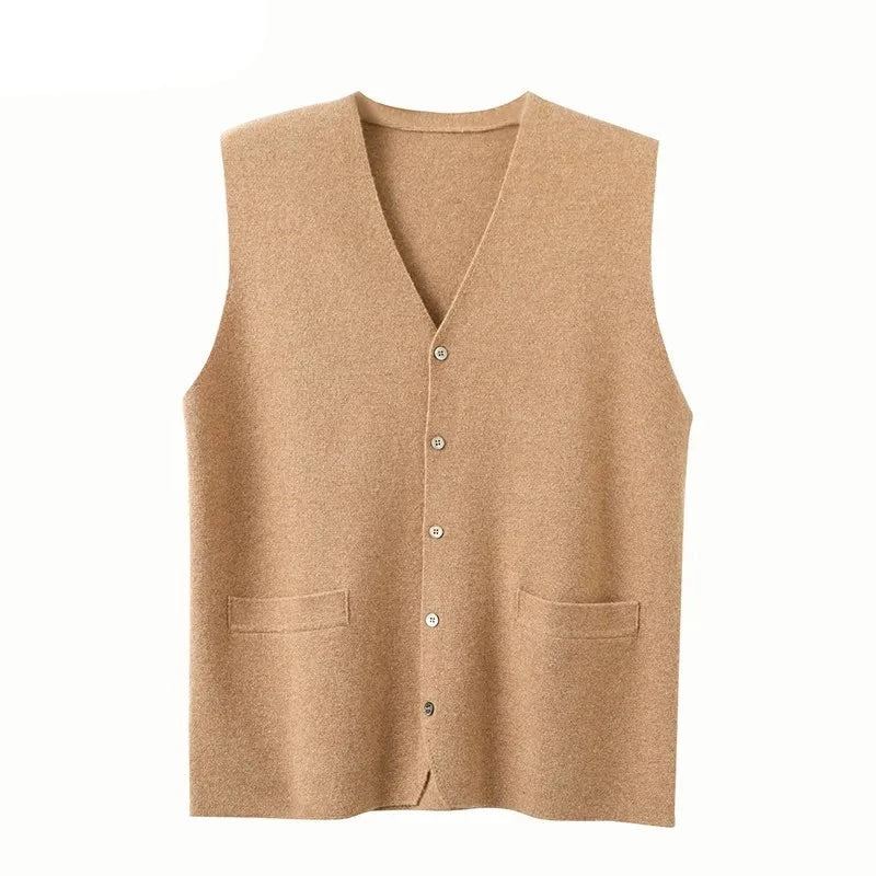 Cardigan En Pur Cachemire Pour Hommes Gilet Automne-hiver Col En V Jeune Haut En Tricot Veste De Gamme Décontracté Pull Sans Manches - Bleu