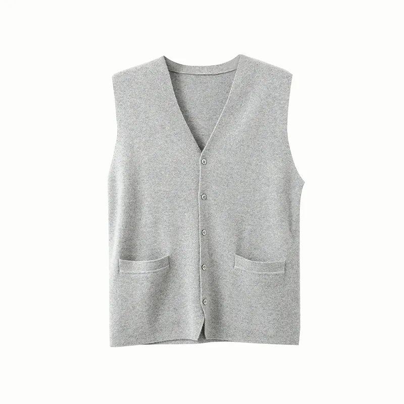 Cardigan En Pur Cachemire Pour Hommes Gilet Automne-hiver Col En V Jeune Haut En Tricot Veste De Gamme Décontracté Pull Sans Manches - Bleu