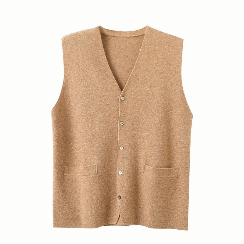 Cardigan En Pur Cachemire Pour Hommes Gilet Automne-hiver Col En V Jeune Haut En Tricot Veste De Gamme Décontracté Pull Sans Manches - Bleu