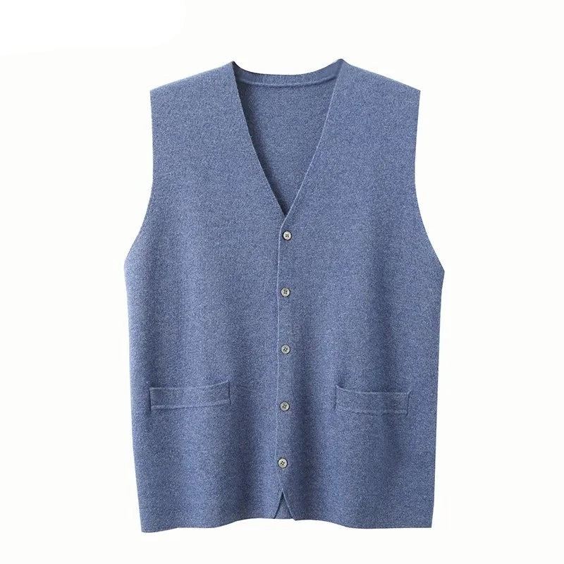 Cardigan En Pur Cachemire Pour Hommes Gilet Automne-hiver Col En V Jeune Haut En Tricot Veste De Gamme Décontracté Pull Sans Manches - Bleu