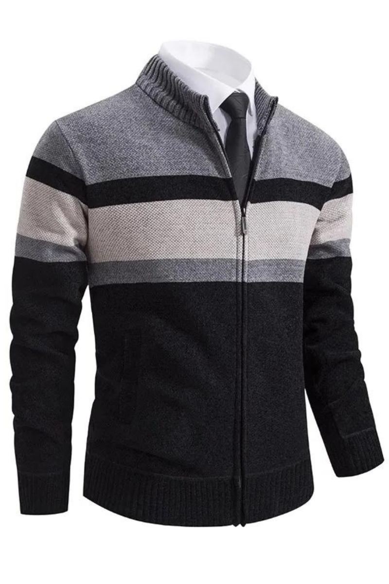 Cardigan Rayé Pour Hommes Pull Tricoté Slim Vêtements D'extérieur Col Montant Fermeture Éclair Automne Et Hiver