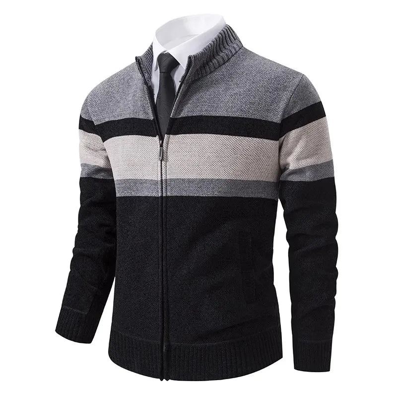 Cardigan Rayé Pour Hommes Pull Tricoté Slim Vêtements D'extérieur Col Montant Fermeture Éclair Automne Et Hiver - Rouge