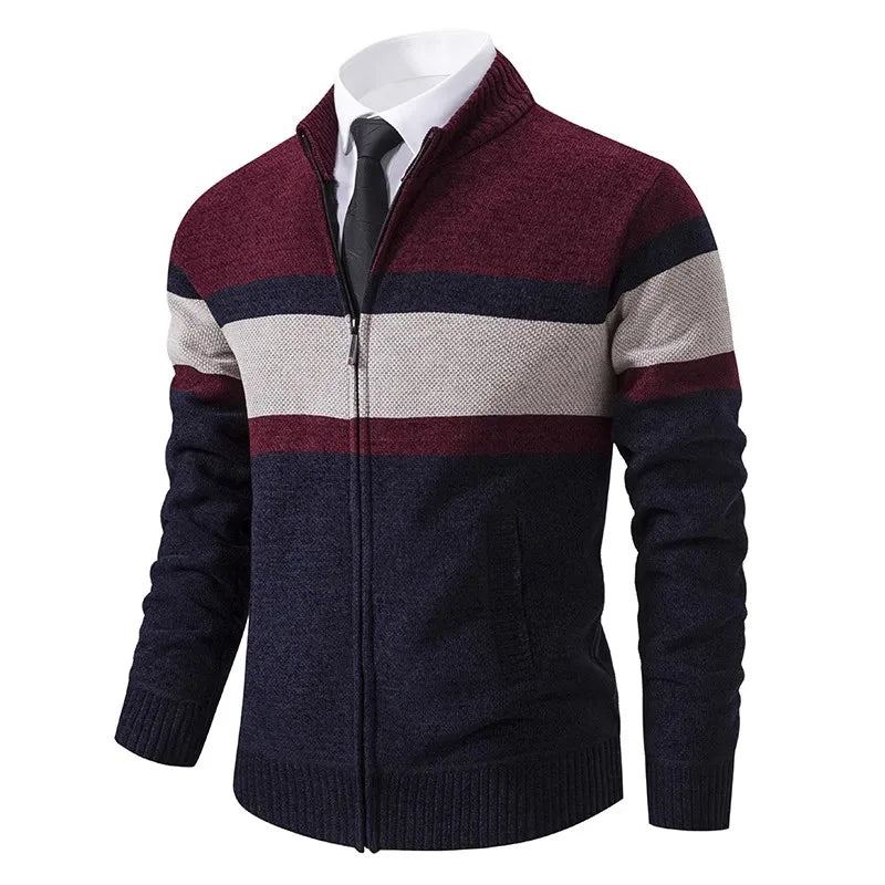 Cardigan Rayé Pour Hommes Pull Tricoté Slim Vêtements D'extérieur Col Montant Fermeture Éclair Automne Et Hiver - Rouge