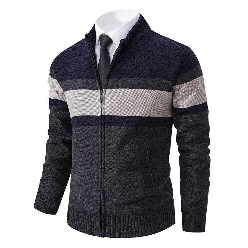 Cardigan Rayé Pour Hommes Pull Tricoté Slim Vêtements D'extérieur Col Montant Fermeture Éclair Automne Et Hiver - Rouge