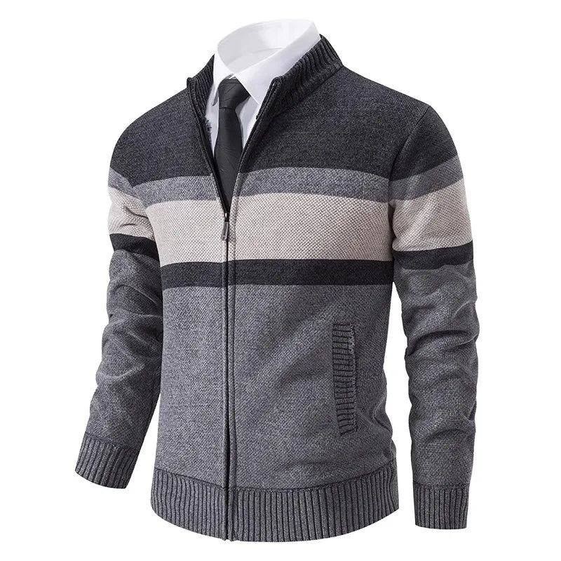 Cardigan Rayé Pour Hommes Pull Tricoté Slim Vêtements D'extérieur Col Montant Fermeture Éclair Automne Et Hiver - Rouge