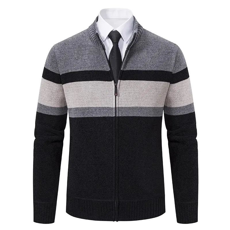 Cardigan Rayé Pour Hommes Pull Tricoté Slim Vêtements D'extérieur Col Montant Fermeture Éclair Automne Et Hiver - Rouge