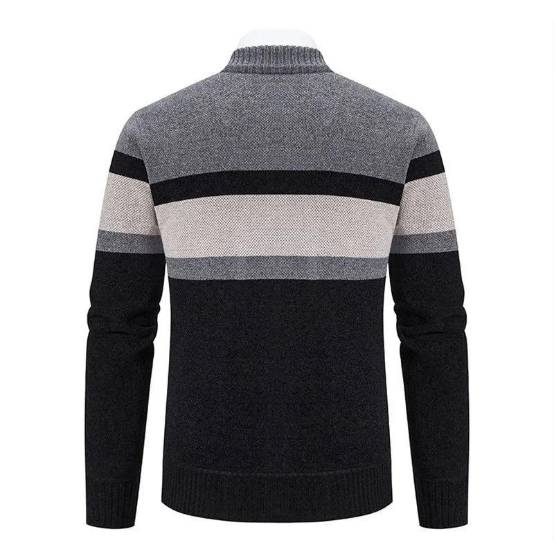 Cardigan Rayé Pour Hommes Pull Tricoté Slim Vêtements D'extérieur Col Montant Fermeture Éclair Automne Et Hiver - Rouge