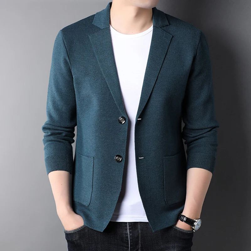 Cardigan Simple En Laine Pour Hommes Manteau Veste Tricotée Classique Costume Pull Tricoté Printemps - Bleu