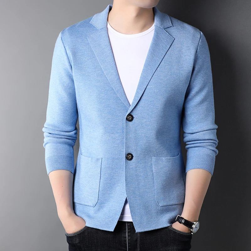 Cardigan Simple En Laine Pour Hommes Manteau Veste Tricotée Classique Costume Pull Tricoté Printemps - Bleu