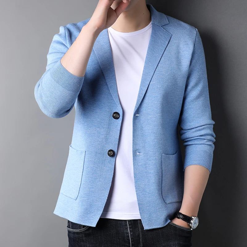 Cardigan Simple En Laine Pour Hommes Manteau Veste Tricotée Classique Costume Pull Tricoté Printemps - Bleu