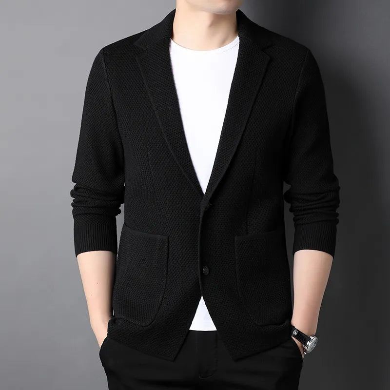 Cardigan De Style Tricoté Pour Hommes Pull Slim Fit Décontracté Manteaux Solides Vêtements De Veste - Noir