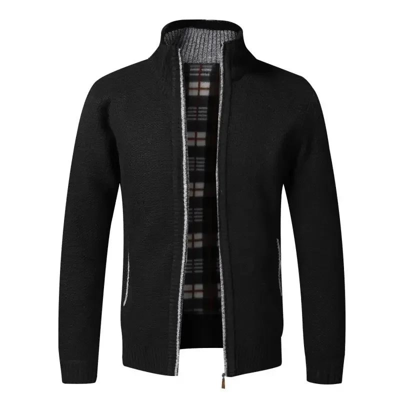 Cardigan Tricoté Pour Hommes Vêtement D'hiver Vintage En Polaire Chaud Pull Slim Fit Manteau D'extérieur - Noir