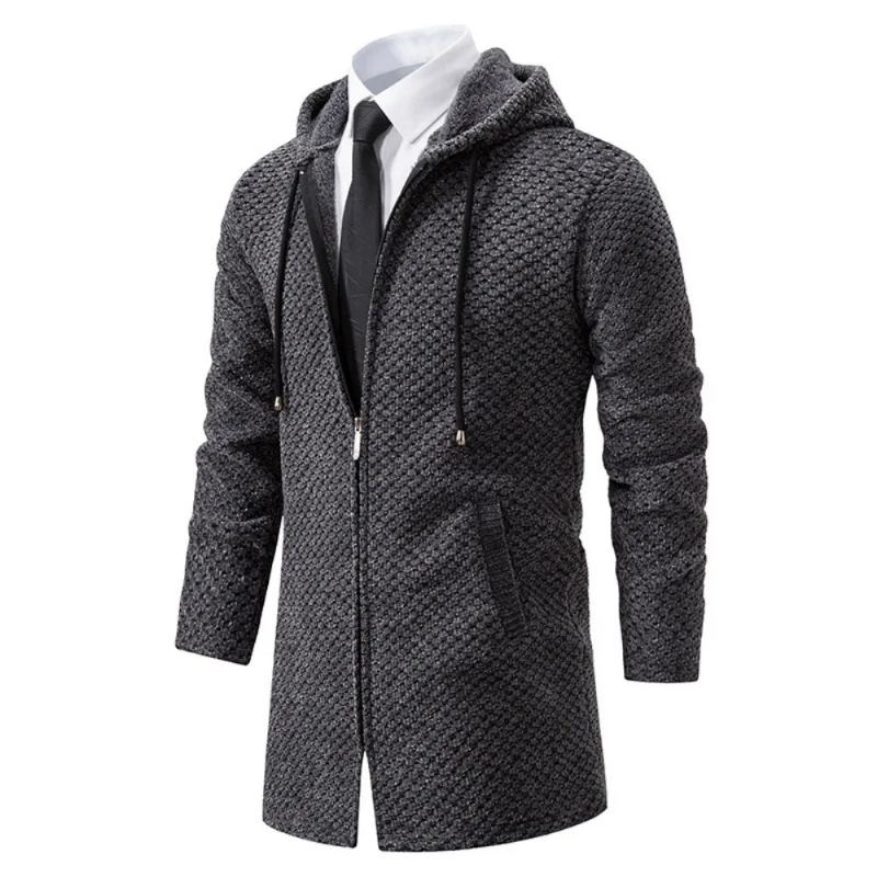 Cardigan Tricoté Mi-long Pour Hommes Veste Pull Ample Décontractée En Peluche Et Épais Vêtements D'extérieur - Noir