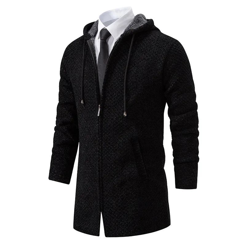 Cardigan Tricoté Mi-long Pour Hommes Veste Pull Ample Décontractée En Peluche Et Épais Vêtements D'extérieur - Noir