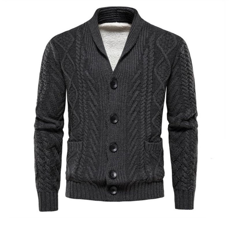 Cardigans En Polaire Pour Hommes Couleur Unie Simple Boutonnage Pull Tricoté Décontracté À Manches Longues Nouveaux Pulls D'hiver - Gris Foncé