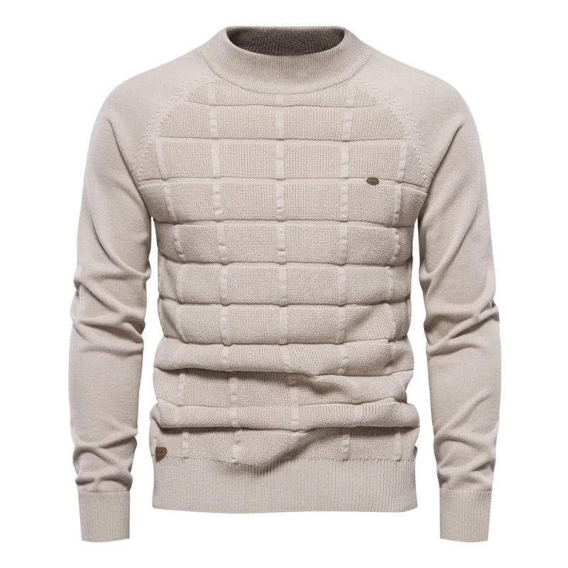 Chandails En Coton À Col Moyen Pour Hommes Pulls Décontractés À Carreaux Sociaux Tricotés Automne Et Hiver - Beige