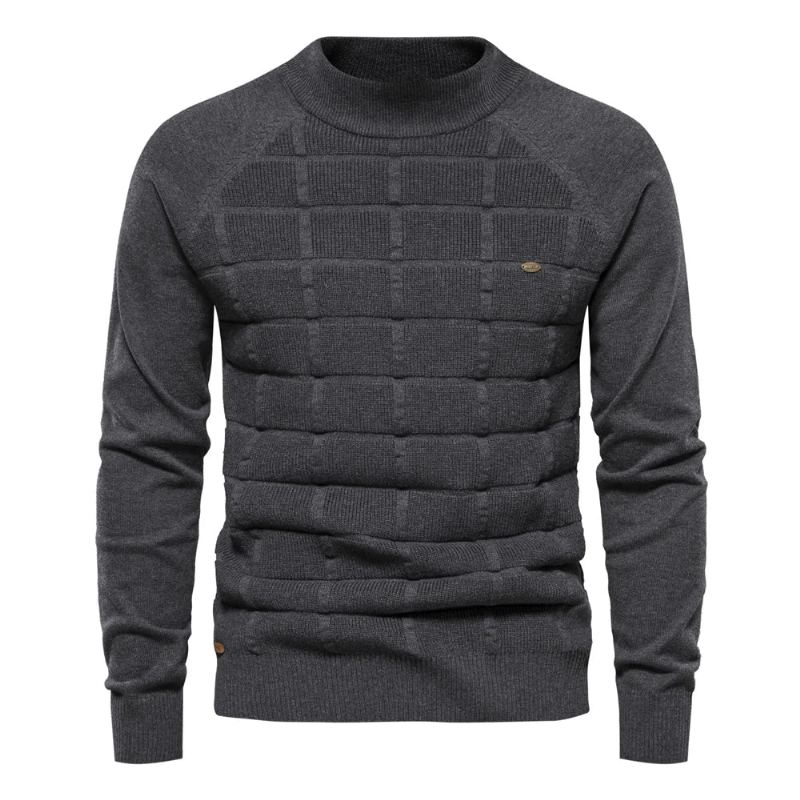 Chandails En Coton À Col Moyen Pour Hommes Pulls Décontractés À Carreaux Sociaux Tricotés Automne Et Hiver - Beige