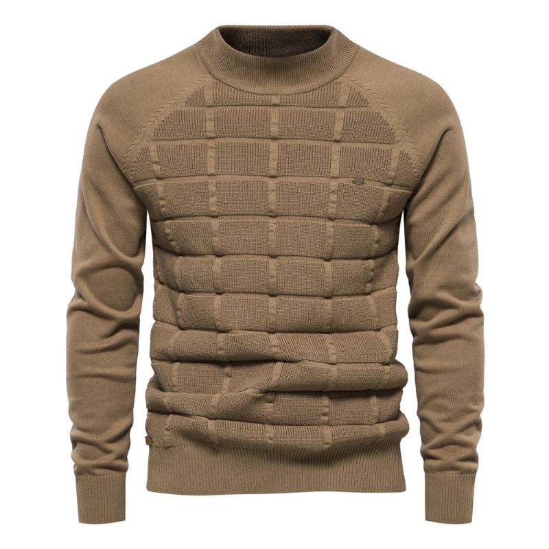 Chandails En Coton À Col Moyen Pour Hommes Pulls Décontractés À Carreaux Sociaux Tricotés Automne Et Hiver - Beige