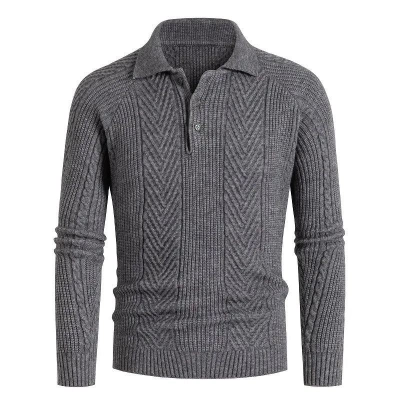 Chemise À Base Slim Pour Hommes Pull À Revers Tricot Jacquard Manteau Épais Automne Et Hiver - Bleu Marine